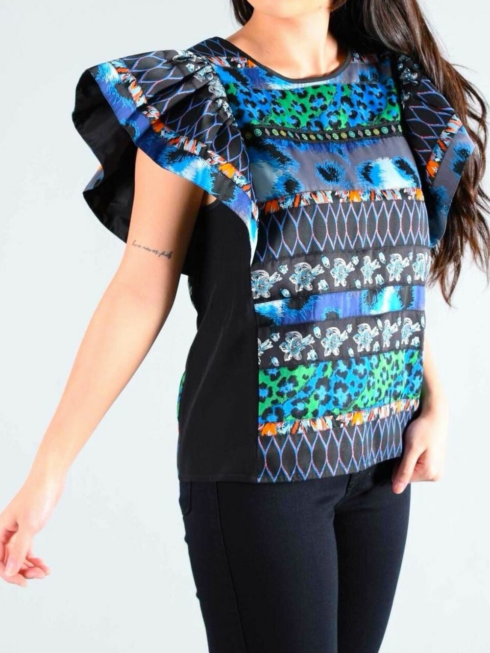 Kenzo H&M Black Multi-Color Patterned Ruffle Shoulder Blouse - Picture 3 of 6